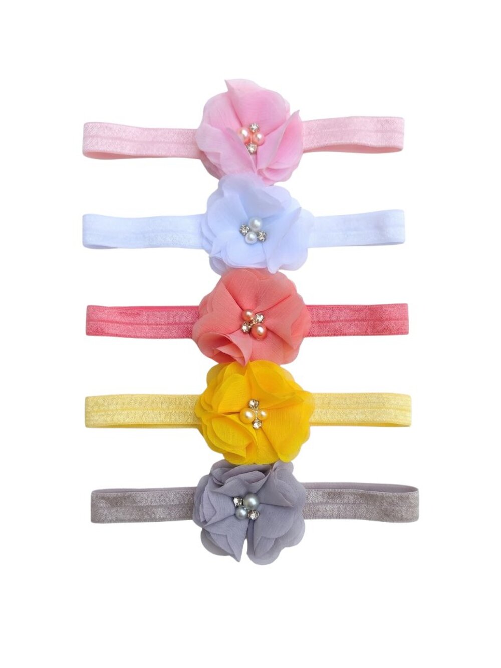 New | 5 Pack Handmade Chiffon Flower Baby Headbands Multi-Color Soft Elastic